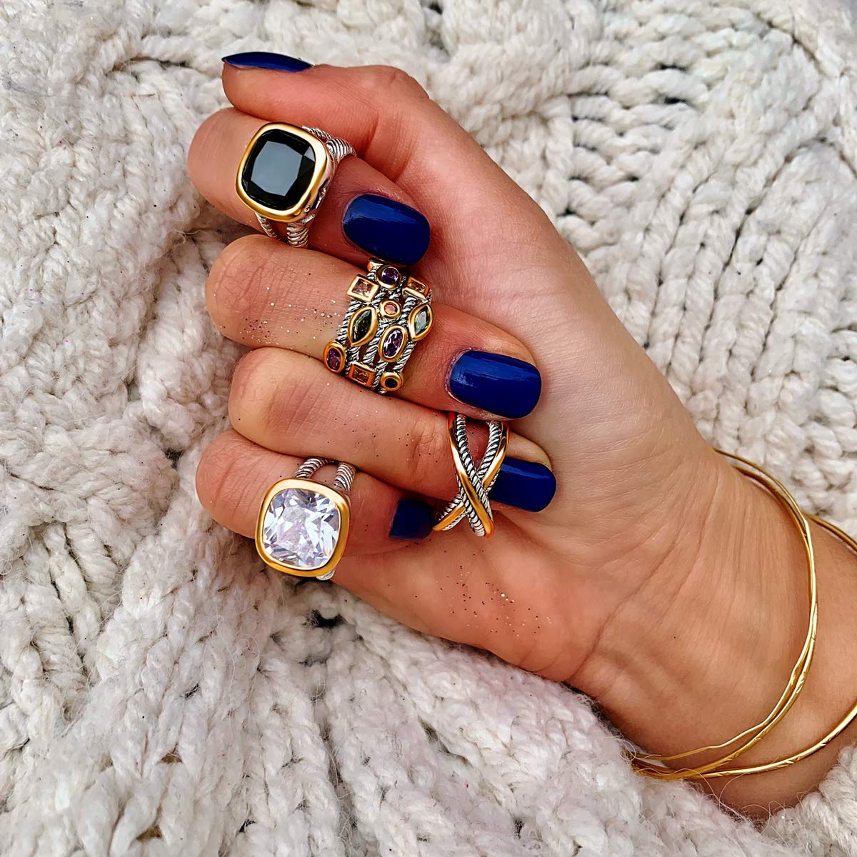 UNY JEWEL Twisted Cable Wire Two Tone Cusion Cut CZ Statement Ring Designer Inspired Fashion Love Antique Women Jewelry Gift (Dark Yellow, 7)