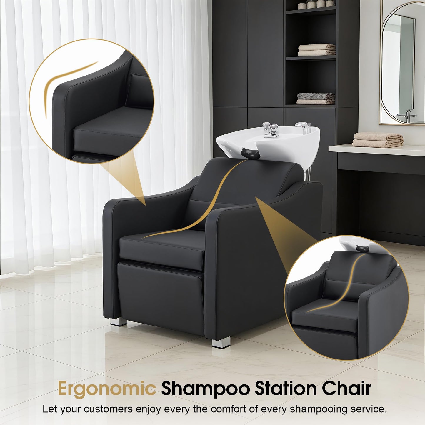 BarberPub Backwash Shampoo Station Chair, Adjustable Porcelain Ceramic Hair Wash Bowl with Chair, Shampoo Station for Barber Shop, Spa Beauty Salon Equipment 9364 (Black)