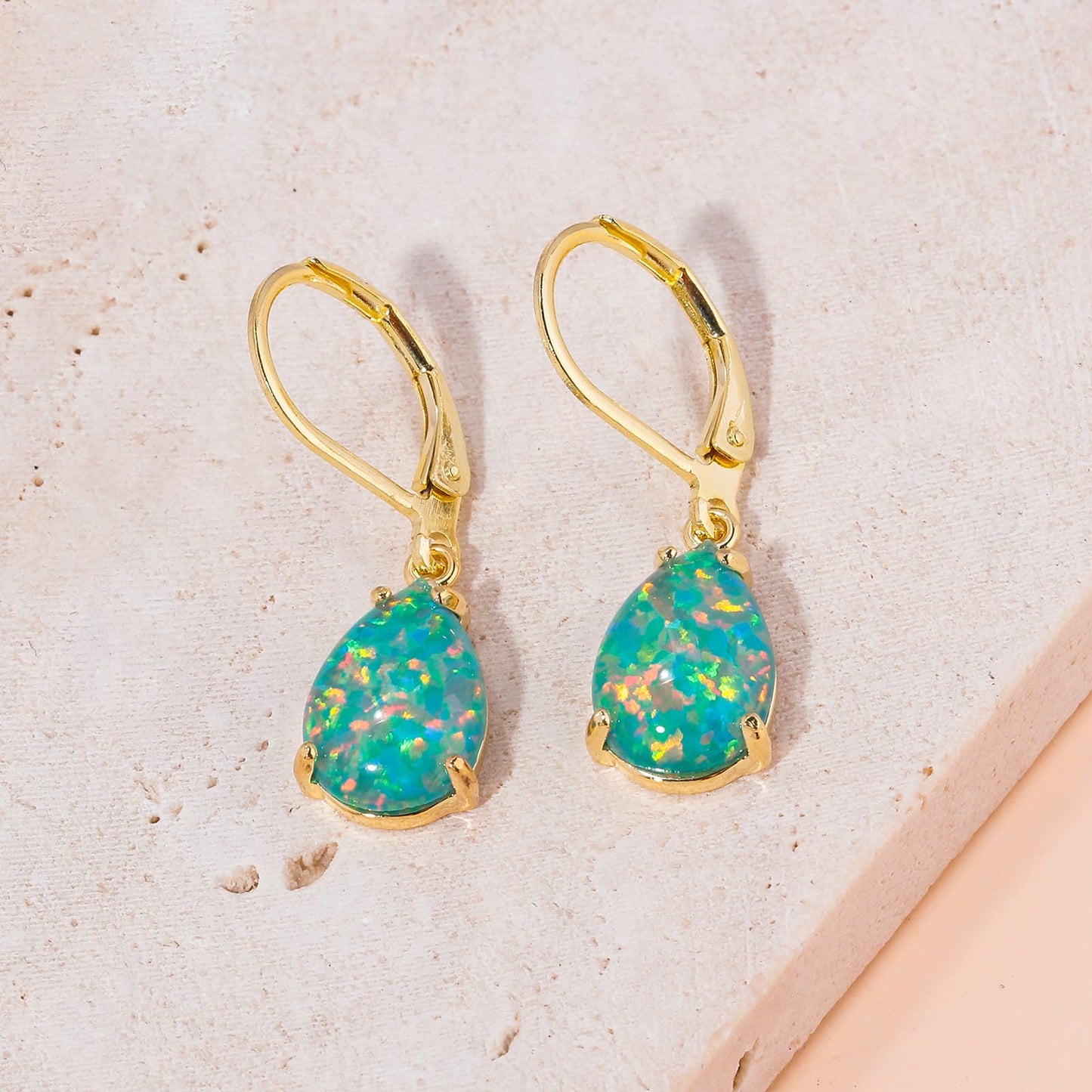 CiNily Teardrop Leverback Dangle Earrings for Women Hypoallergenic Dark Green Opal Pendant Drop Earrings 14K Yellow Gold Plated Hanging Lever Earrings Fashion Party Jewelry