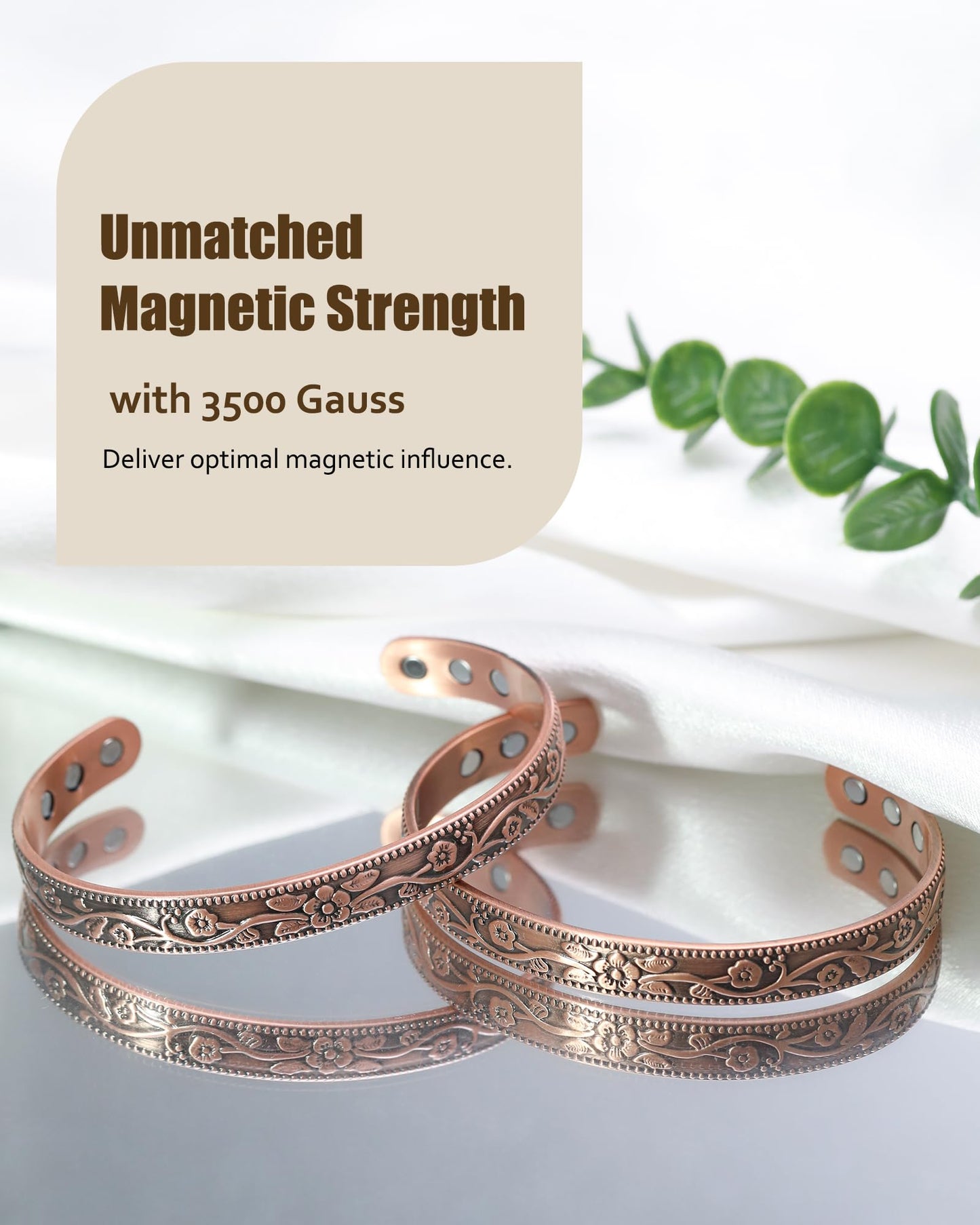 Jecanori 2Pcs Magnetic Copper Bracelets for Women, Vintage Flower 99.99% Pure Copper Bracelets with 3500 Gauss Magnets