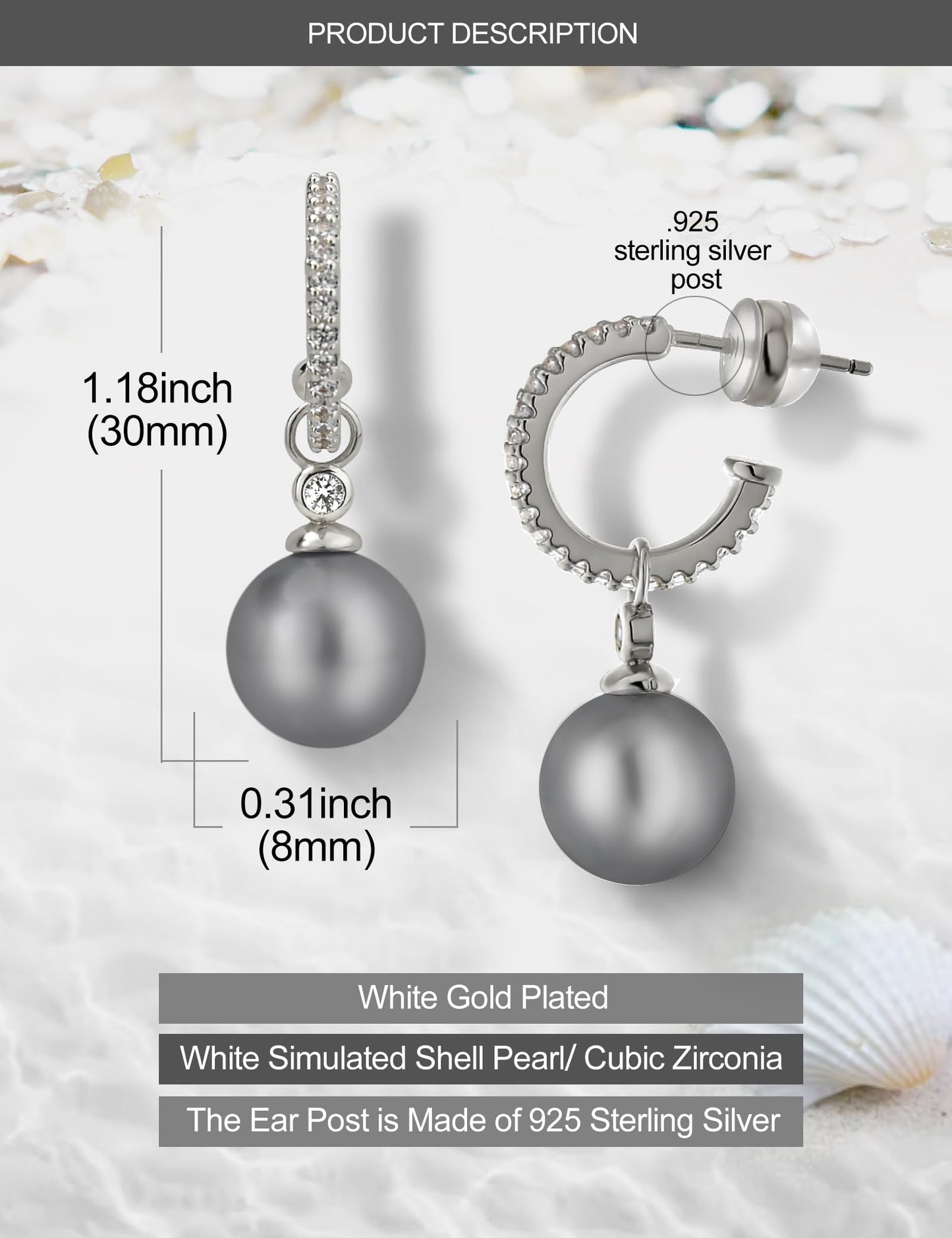 KZZENKI Grey Pearl Earrings for Women, Sterling Silver Post Drop Earrings, Open Hoop Peal Dangle Earrings Bridal Jewelry