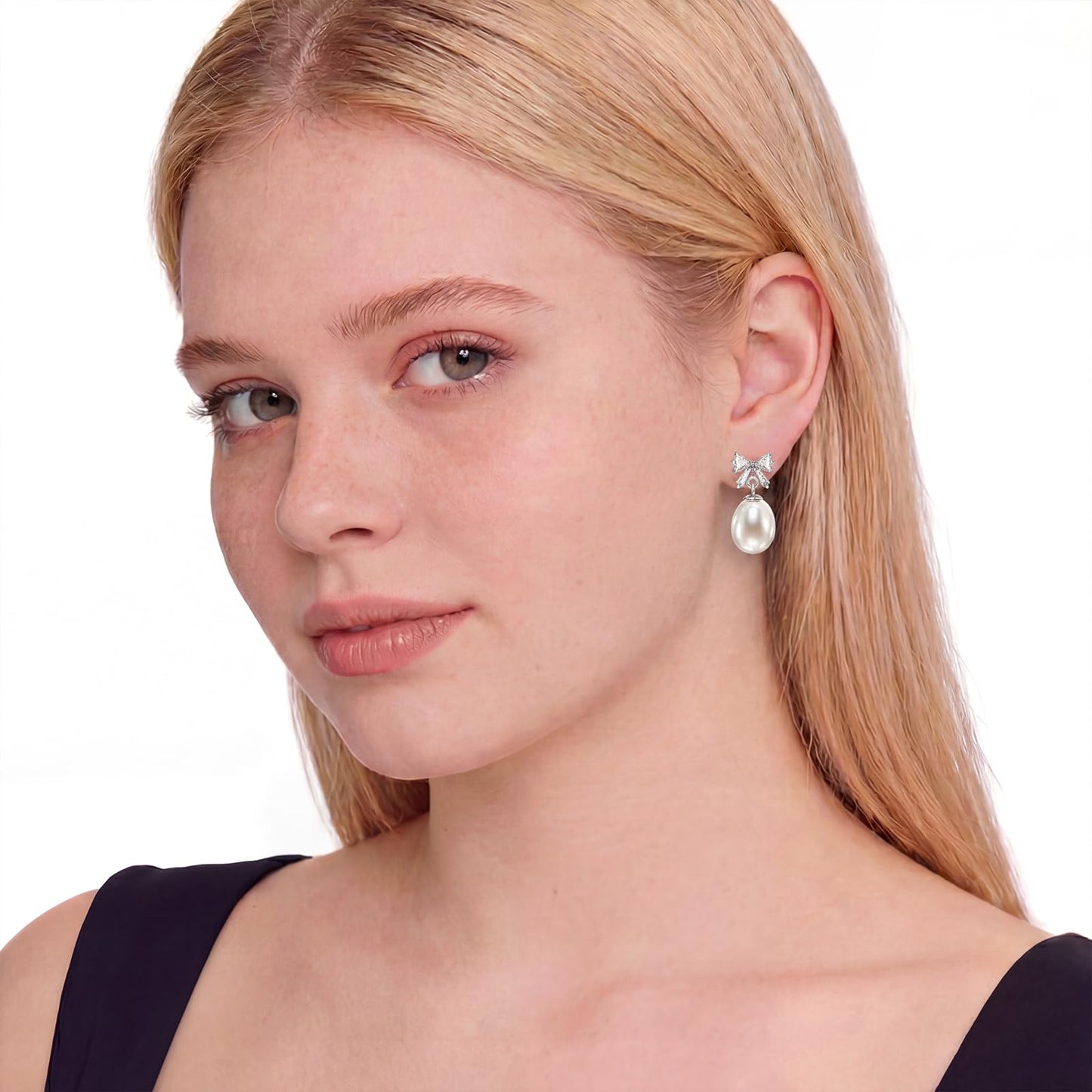Pearl Drop Earrings for Women, Gold Plated & 925 Sterling Silver, Pink & White Dangle Earrings, Dainty Cute Elegant Bridal Wedding Gift for Her | Christmas Gift for Women (Silver Bow White Pearl)