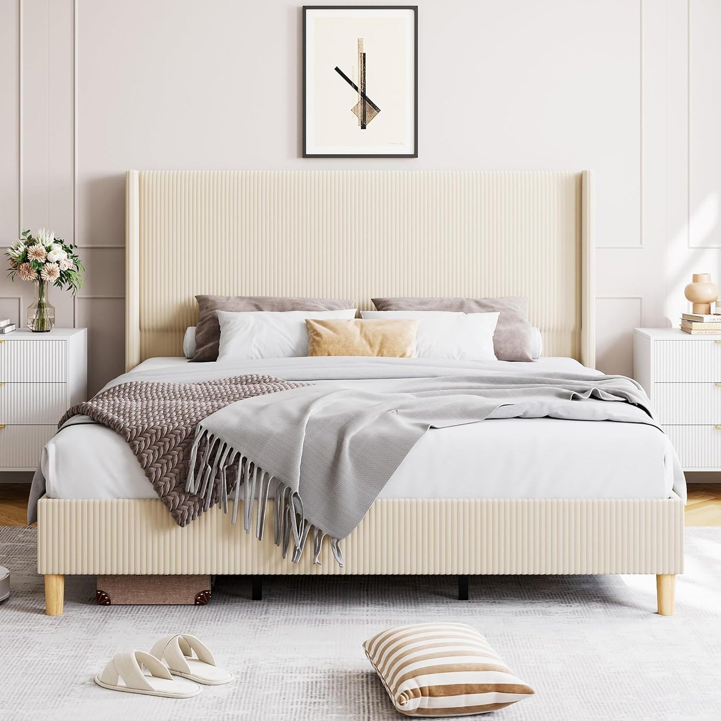 GarveeHome Full Size Bed Frame, Upholstered Platform Corduroy Bed Frame with Vertical Channel Tufted Wingback Headboard, Strong Wooden Slats, No Box Spring Needed, Easy Assembly, Creamy Beige