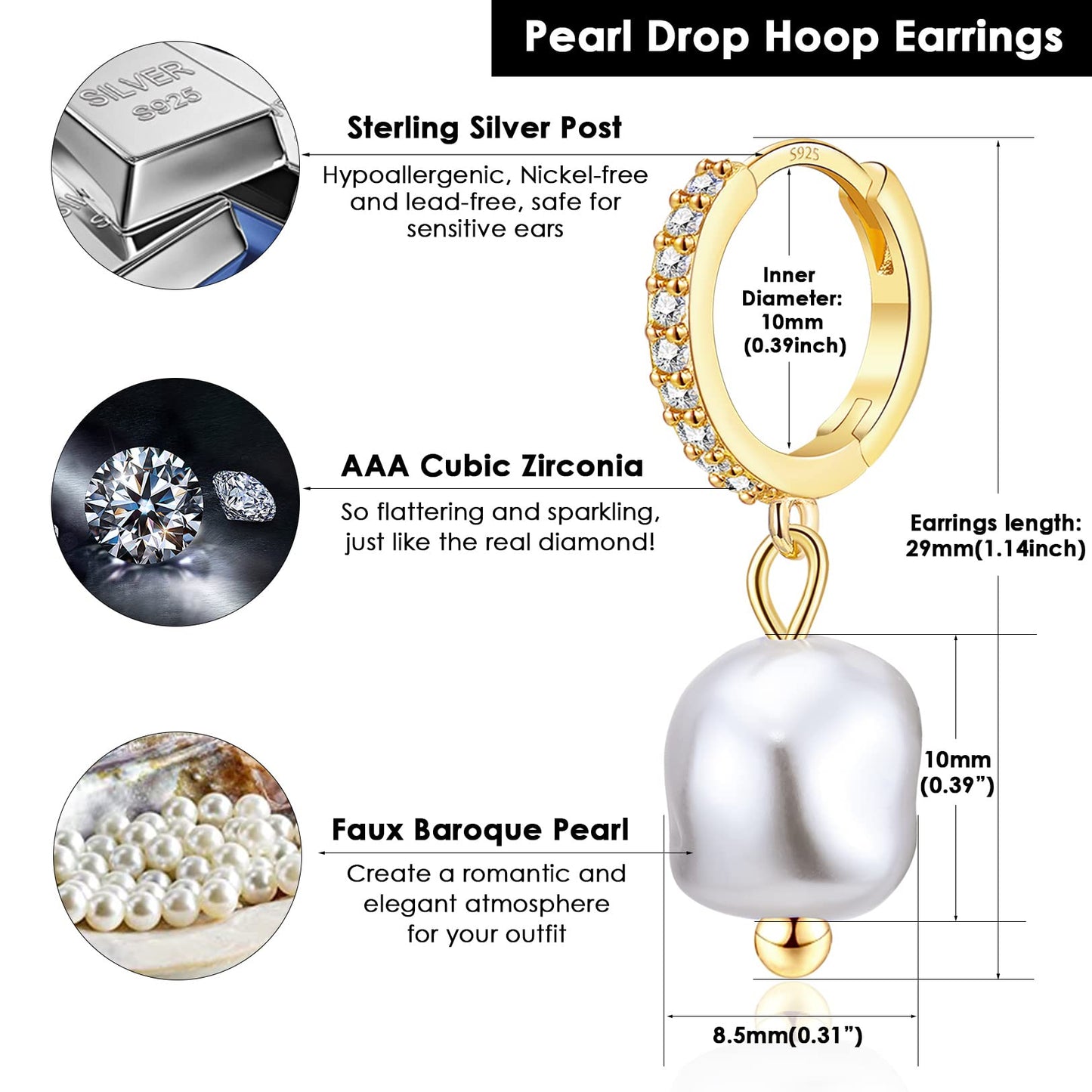 CERSLIMO Sterling Silver Pearl Drop Earrings for Women, S925, Baroque Shell, Hypoallergenic, Dainty Hoop, Modern Chic