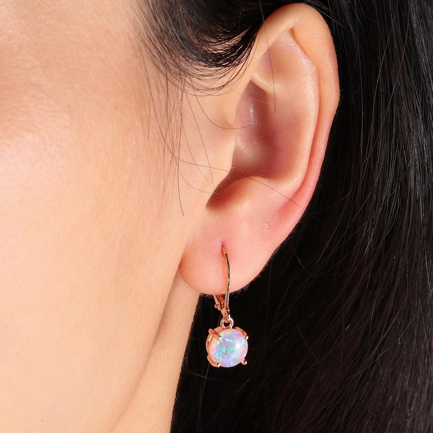 CiNily Rose Gold Plated Dangle Opal Earrings for Women, Leverback Drop Earrings Pink Opal Jewelry