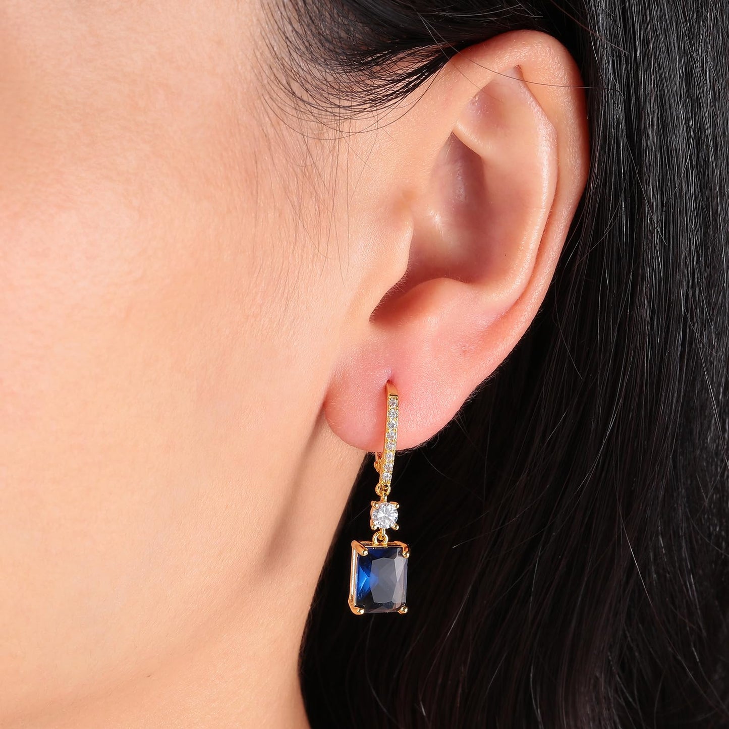 CiNily Leverback Earrings for Women Rectangular-cut Drop Dangle Earring Hypoallergenic, 14K Gold Plated Navy Blue Cubic Zircon Earrings Diamond Dangle Ear Rings Jewelry Birthday