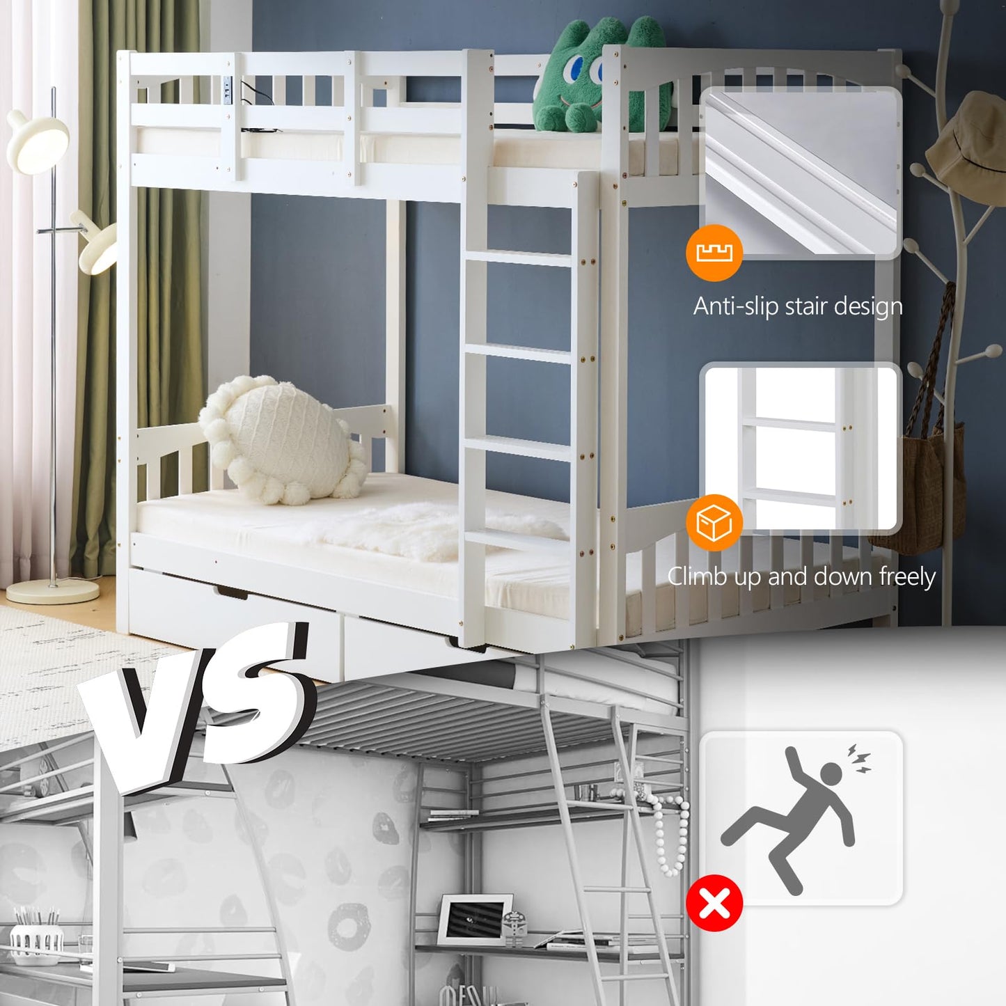 VINGLI Bunk Bed Twin Over Twin with 2 Storage Drawers/RGB LED/Charging Station, Solid Wood Bunk Bed Frame with 15 inches High Safety Guardrail and Ladders for Kids, White