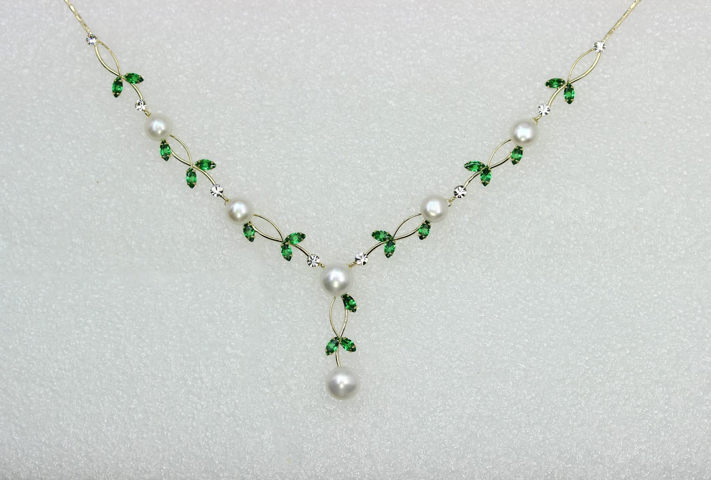 Faship Gorgeous CZ Crystal Genuine Freshwater Pearls Floral Necklace Earrings Set - Green/Gold Plated