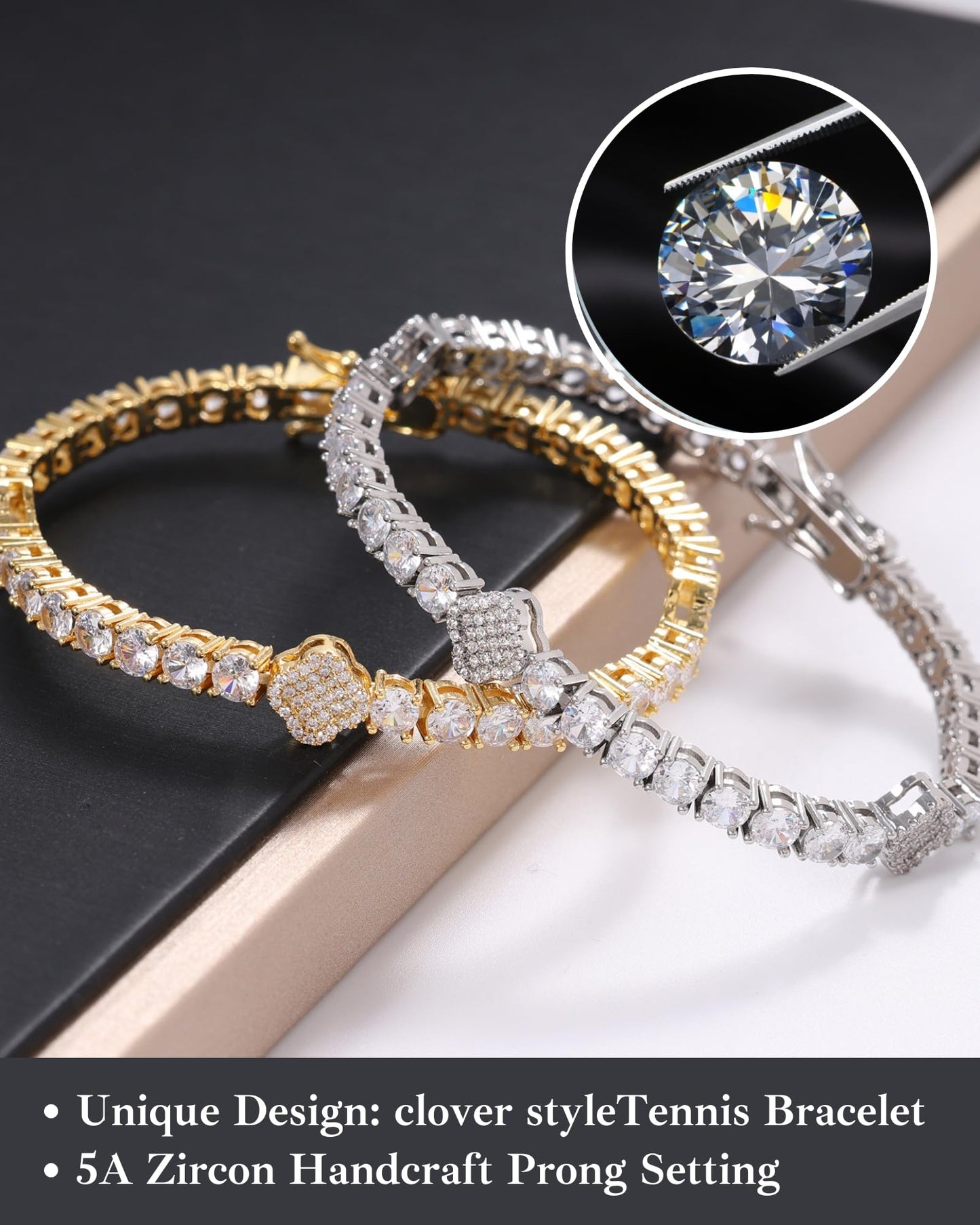 LuxeFlex 4mm Iced Out Clover Tennis Bracelet, White Gold Plated with 5A Zircon Stones, Handmade exquisite Hip Hop Jewelry, Perfect Unisex Gift (White Gold-All stone, 7)
