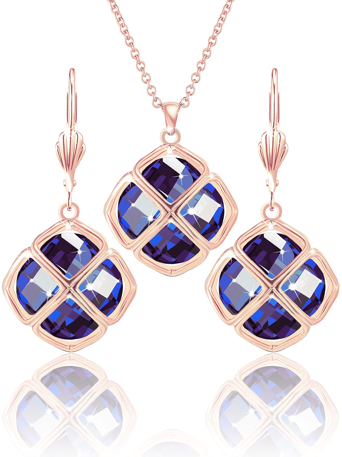 Qinpan 14MM Crystal Pendant Drop Dangle Necklace Earrings Set for Women Glod Plated Costume Jewelry Sets, 38*17.8mm, Rose Gold, Sapphire