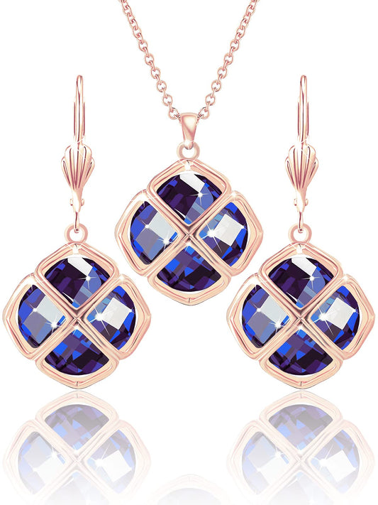 Qinpan 14MM Crystal Pendant Drop Dangle Necklace Earrings Set for Women Glod Plated Costume Jewelry Sets, 38*17.8mm, Rose Gold, Sapphire