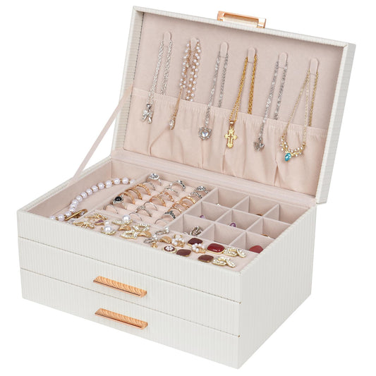 Dajasan Jewelry Box Organizer, 3-Tier Large Jewelry Storage Organizer with 2 Drawers, Space-Saving Jewelry Boxes for Women, PU Leather Surface with Texture, Gift Idea, Modern Style (White)