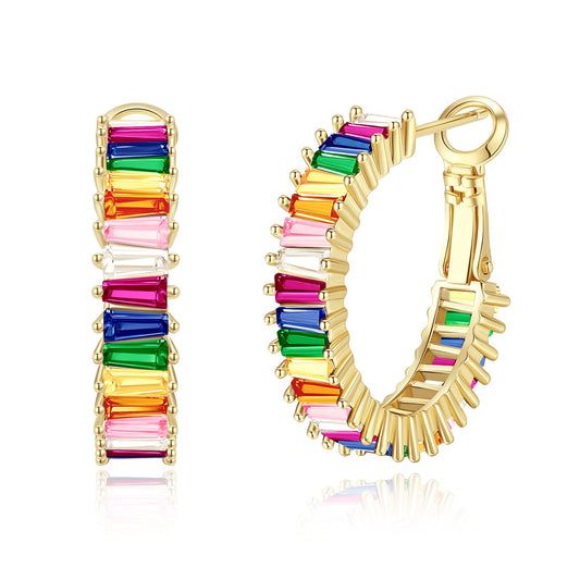 GLOQUAT Colorful Crystal Hoop Earrings 14K Gold Plated Rainbow Hoops for Women 925 Sterling Silver Post Vintage Colorful Cubic Zirconia Fashion Round Circle Hoops Trendy Pride Earrings Jewelry 25mm
