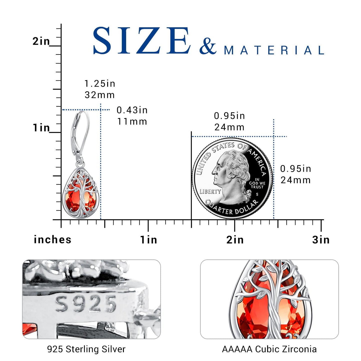 Eusense Sterling Silver Tree of Life Earrings with Ruby Red July Birthstone Jewelry Teardrop Dangle Leverback Earrings Tree of Life Jewelry Gift for Women