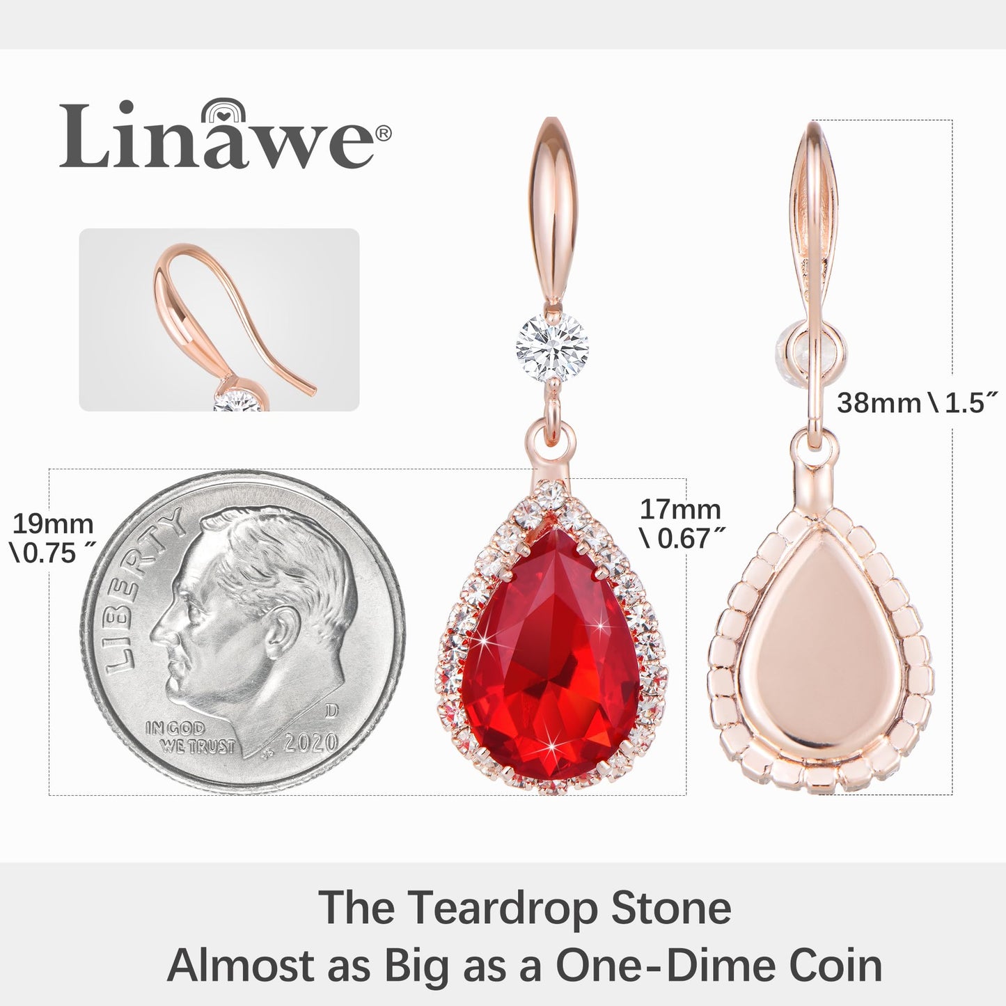 Linawe Red Dangle Earrings for Women Rose Gold, Ruby Imitation Diamond Wedding Drop Earrings, Rhinestone Cubic Zirconia Crystal Earrings Set, Teardrop Birthstone Jewelry