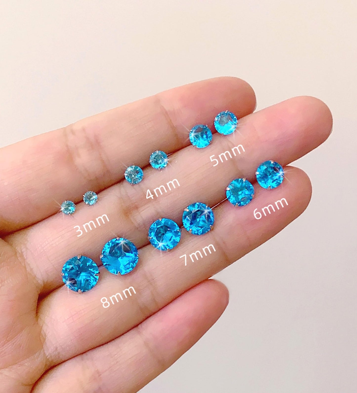 6 Pairs Stud Earrings Set, Hypoallergenic Cubic Zirconia Earrings 316L Stainless Steel CZ Earrings 3-8mm (Sea blue (Light blue) CZ)