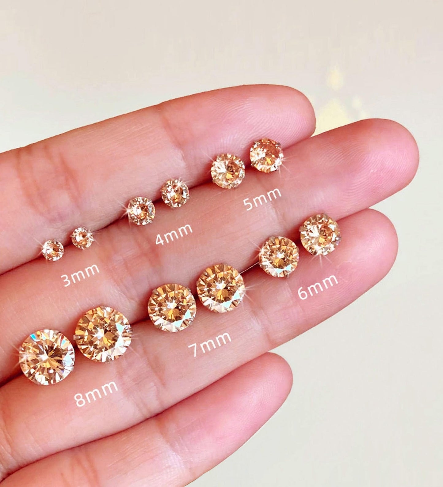 6 Pairs Stud Earrings Set, Hypoallergenic Cubic Zirconia Earrings 316L Stainless Steel CZ Earrings 3-8mm (Champagne CZ)