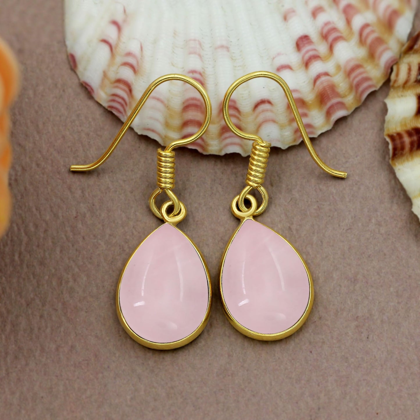Natural Rose Quartz 14K Yellow Gold Plated Dangle Earrings for Women - January Birthstone Teardrop Shape Pink Gemstone Handmade Earrings - Gifts for Her Mom Wife Sister