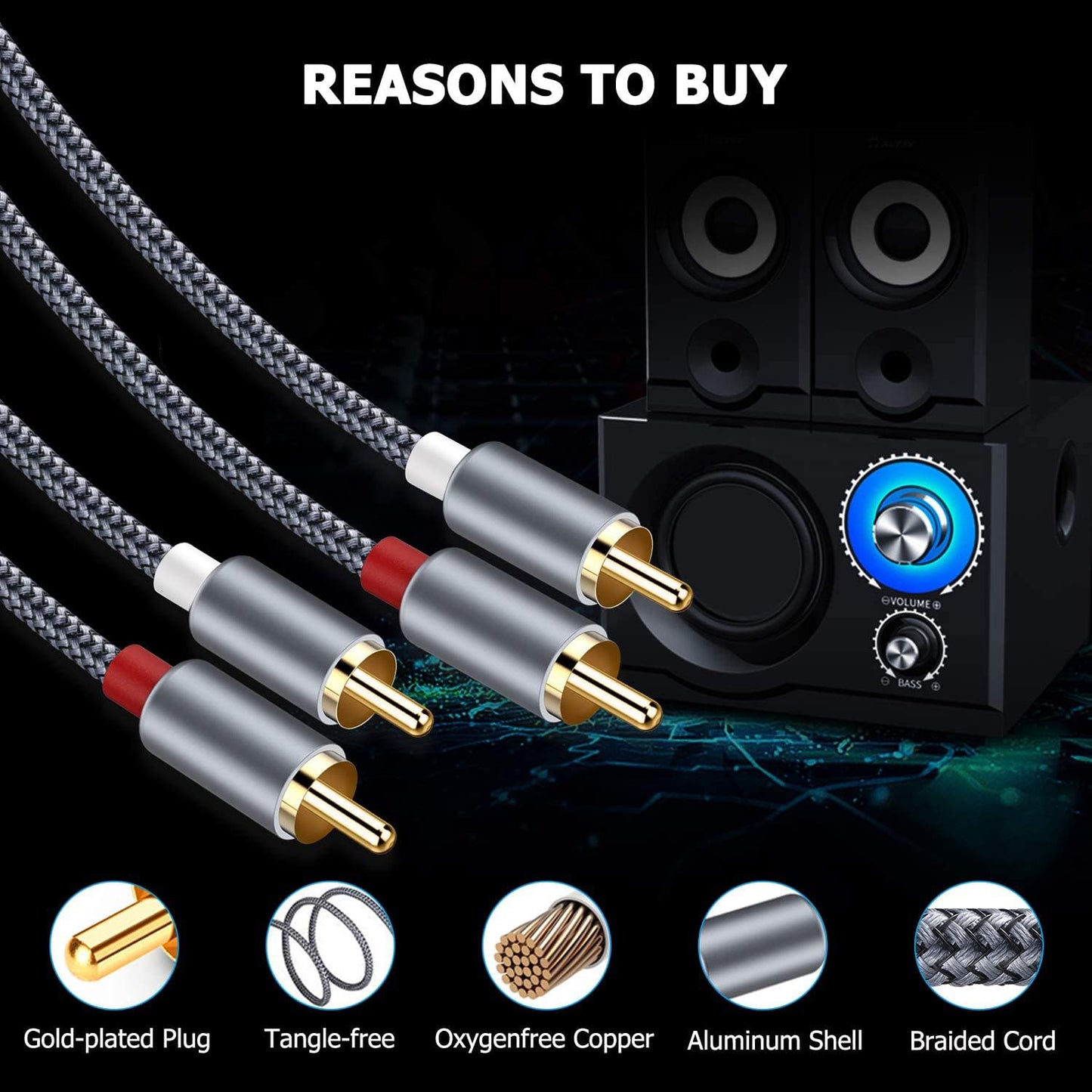 4FT 2RCA 2RCA Goalfish RCA Cable, RCA Audio Cable [Shielded, Nylon Braided] Stereo to Male to Male Cord for Speaker