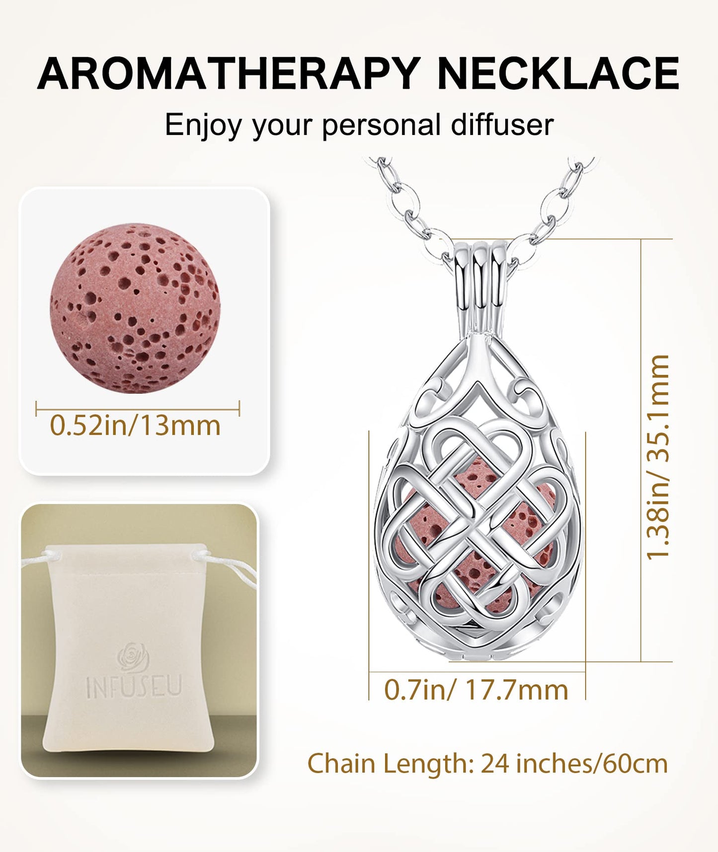 INFUSEU Celtic Jewelry for Women Essential Oil Diffuser Necklaces Aromatherapy Gifts Lava Rock Stone Irish Knot Teardrop Pendant Aroma Perfume Spiritual Items for Meditation Yoga