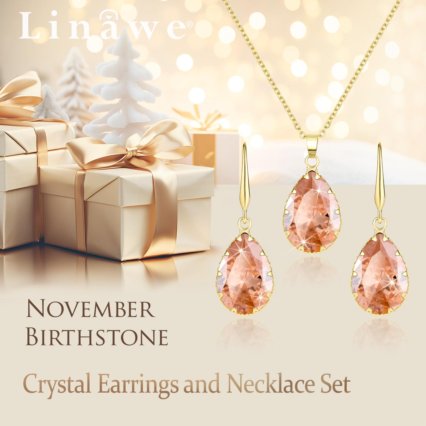 Linawe Citrine Crystal Gold Jewelry Sets for Women, Imitation Diamond Pendant Necklace Set, Rhinestone Drop Dangle Earrings Set, Birthstone Cubic Zirconia Matching Wedding Jewelry Set