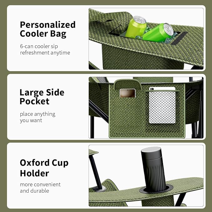 Heavy Duty Folding Chair 500LB Capacity, Oversized Camping Chairs with Cup Holder, Cooler Bag & Storage Pouch, Double-Layer Fabric, Outdoor Chairs for Sports, Lawn Chairs (2, Black Green, Extra Large)