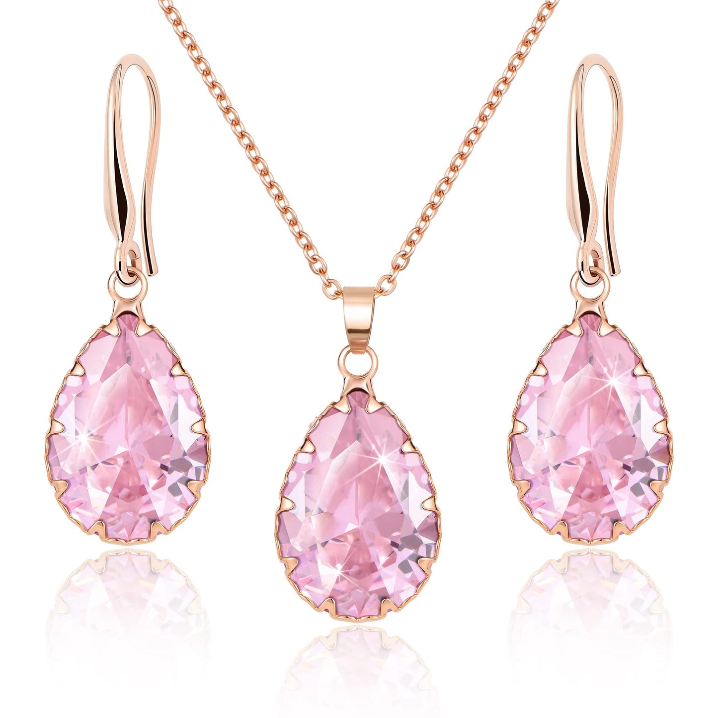 Linawe Rose Gold Pink Jewelry Sets, Crystal Pendant Necklace Set Pink Earrings Dangling Imitation Diamond Rhinestone Cubic Zirconia Birthstone Teardrop Dangle Matching Wedding Set