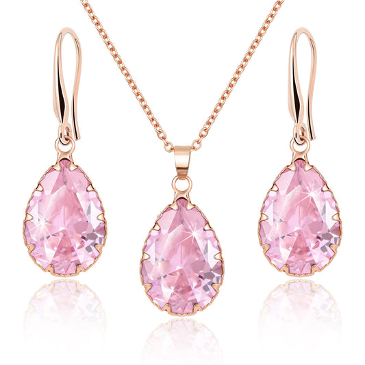 Linawe Rose Gold Pink Jewelry Sets, Crystal Pendant Necklace Set Pink Earrings Dangling Imitation Diamond Rhinestone Cubic Zirconia Birthstone Teardrop Dangle Matching Wedding Set