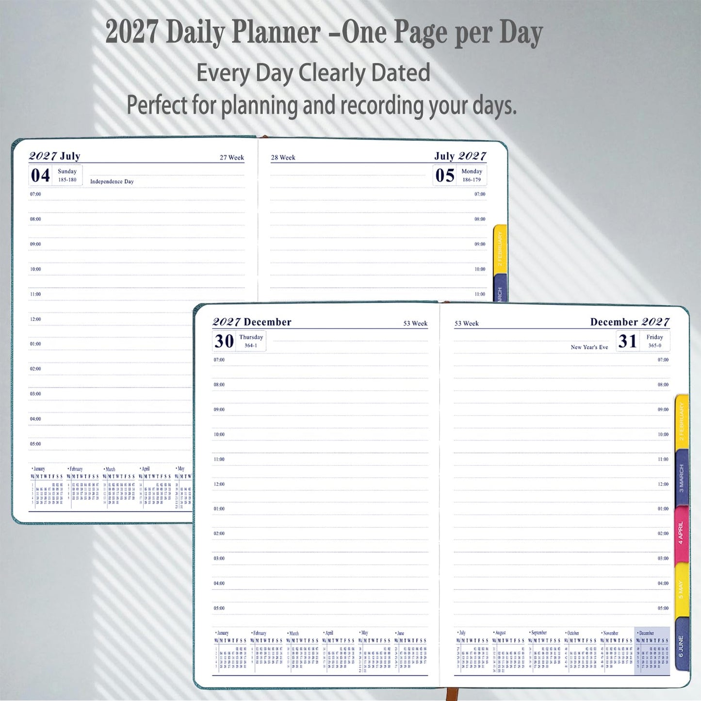 2027 Daily Planner -One Page per Day, Appointment Book 2027, Hourly Daily & Monthly Planner with Tabs(Jan-Dec 2027), 8.26'' x 5.9'' Calendar Planner, Leather Cover + Thick Paper (Navy Blue)