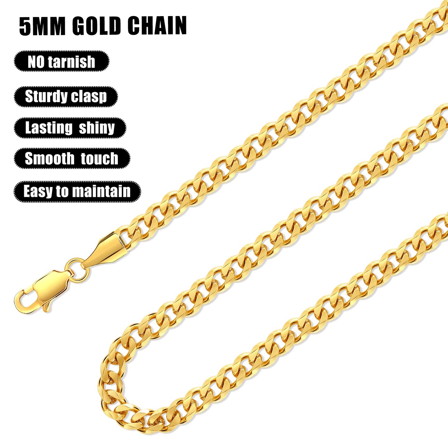 Fiusem 5mm Gold Plated Chains for Men, 18K Gold Plated Stainless Steel Cuban Link Chain Necklace for Men and Women, 24 Inch