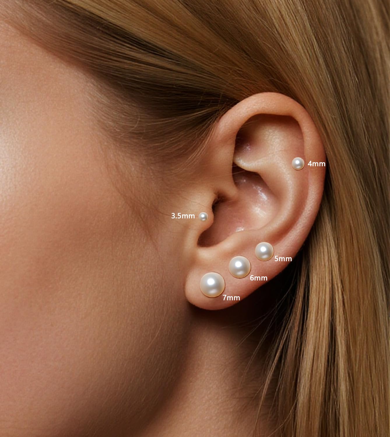 5 Pairs Pearl Stud Earrings for Women, 14K Gold Filled Polished Small Pearl Earrings Set, 20G Hypoallergenic Surgical Steel Piercing Studs for Sensitive Ear, Lightweight Shiny Earrings Studs for Helix Tragus Cartilage Multiple Piercing, 3.5-7MM