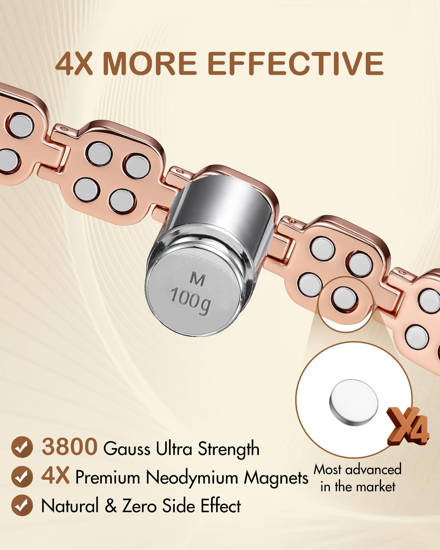 Feraco Copper Bracelets for Women, 4X Ultra Strength Magnetic Bracelet with 3800 Gauss Neodymium Magnets & Sparkling Austrian Cut Crystals, Adjustable Pure Copper Jewelry Gift (Rose Gold)