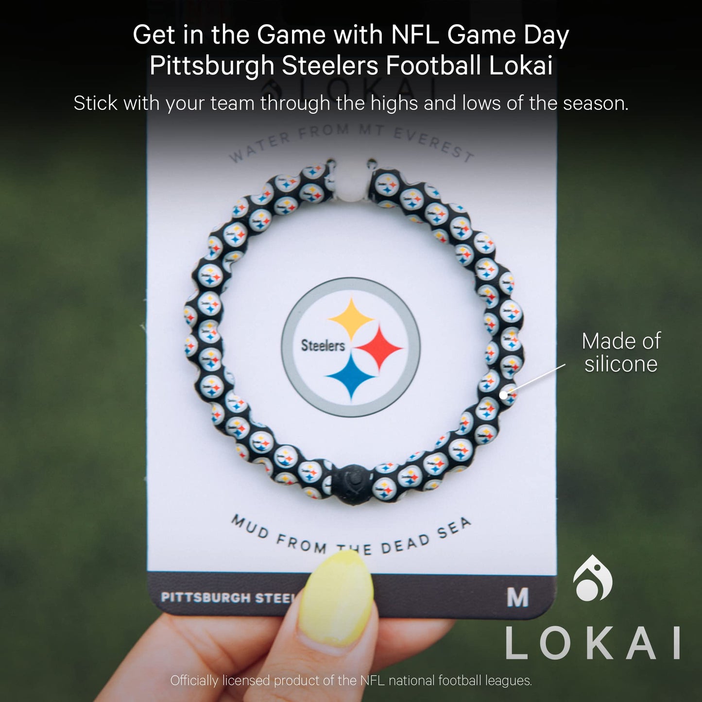 Lokai Silicone Beaded Bracelet for Men & Women, NFL Football Collection - Pittsburgh Steelers, Logo, Medium - Silicone Jewelry Fashion Bracelet Slides-On for Comfortable Fit