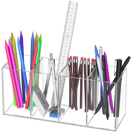 Uniclife Clear Acrylic Pen Holder for Desk, Plastic Pencil Holder Pen Organizer with 4 Compartments, Desktop Stationery Organizer for Office Home School, Vertical Makeup Brush Holder, 9" x 3" x 4"