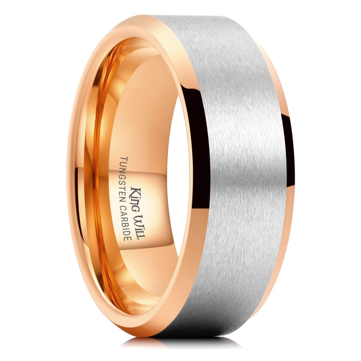 King Will 8mm Classic Tungsten Rings for Men Two-Tone Mens Wedding Bands Simple Engagement Promise Ring Matte Brushed Beveled Edges Comfit Fit Durable, Silver & Rose Gold Plated Size 13