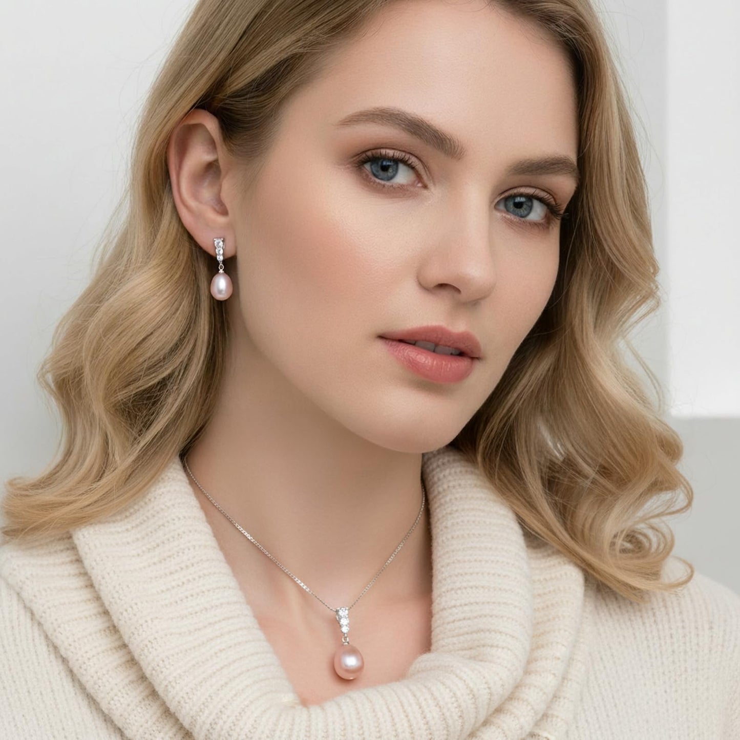 BAMIKI Purple Pearl Necklace and Earrings Set, Freshwater Cultured Pearl Jewelry Set in 925 Sterling Silver with CZ - Elegance for Wife, Mom, Girlfriend on Anniversary, Mother's Day, or Birthday