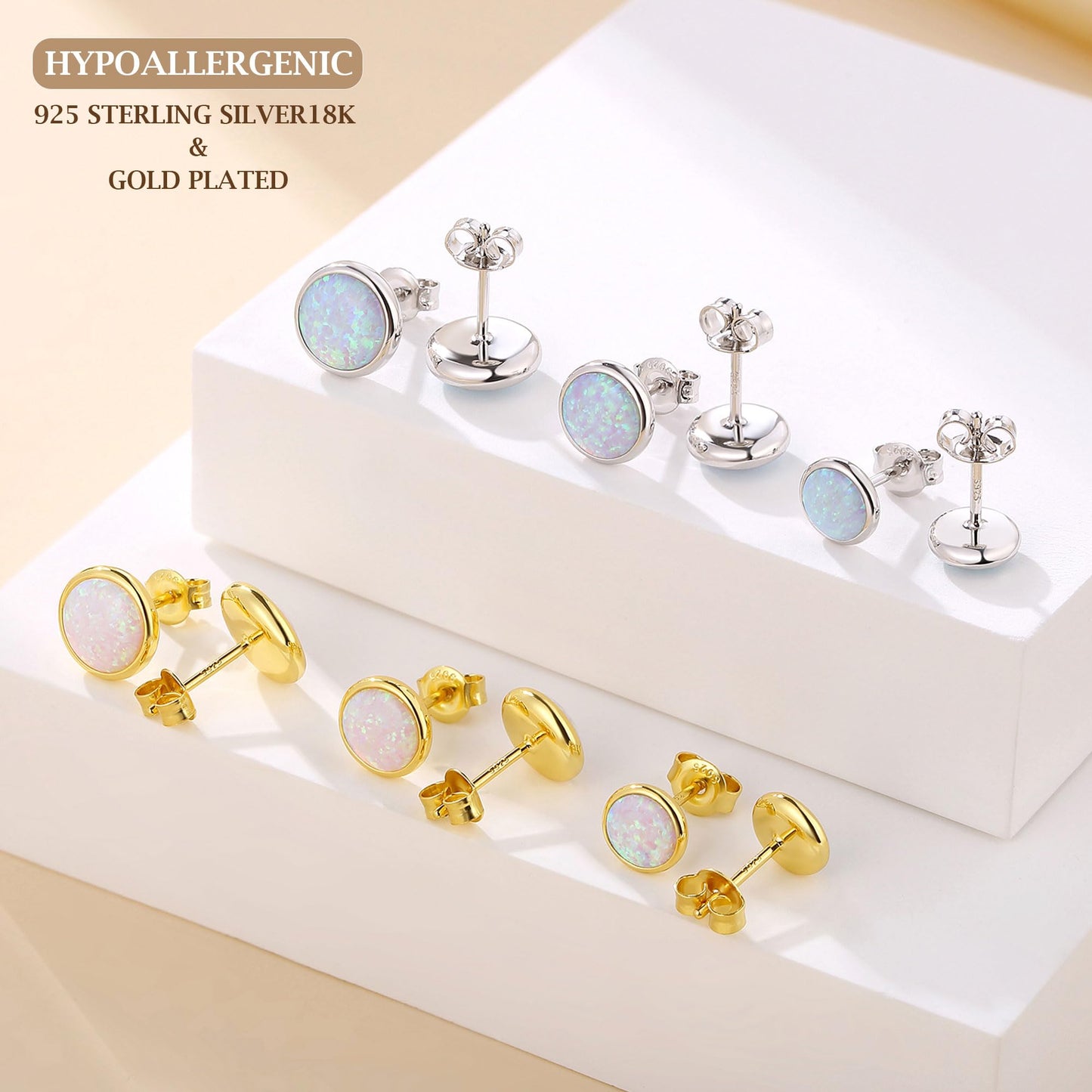 JiayangJY Silver Whie Fire Opal Stud Earrings for Women Sterling Silver Round Shape 6mm Opal Earrings with Push Back