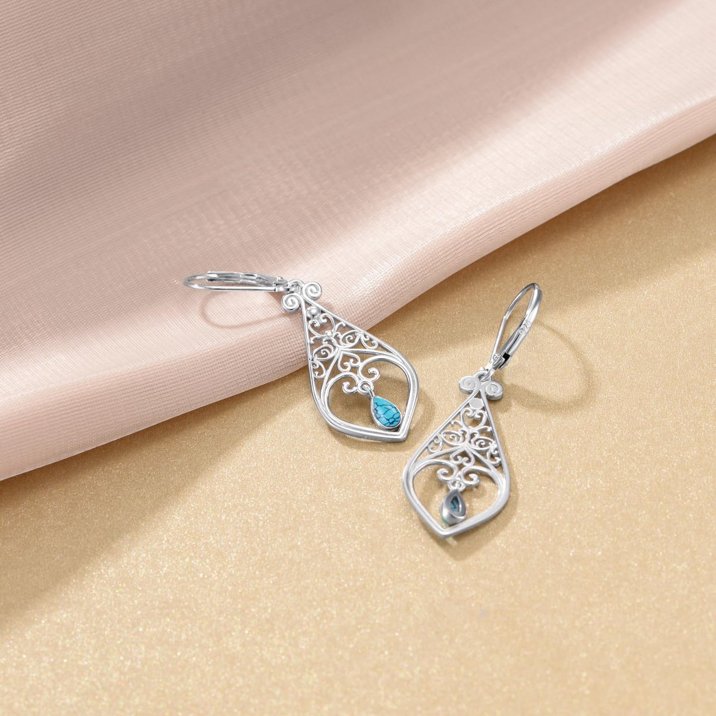 VONALA Filigree Earrings 925 Sterling Silver Turquoise Leverback Earrings Teardrop Dangle Dangling Drop Earrings Boho Jewellery Gift for Women