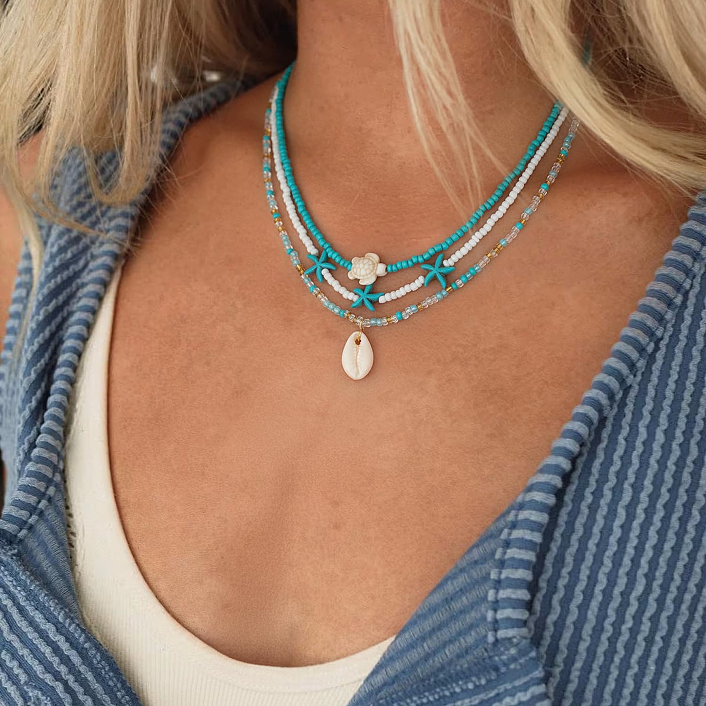 Lameybrt Cowrie Shell Surfer Necklaces, Hawaiian Beach Handmade Choker Set for Women, White Rice Bead with Black Accents, Bohemian Summer Seashell Choker 2 Piece Set, Perfect for Summer Beach Vacation, Birthday, Mother’s Day & Holiday Gifts (Shell 25 Blue
