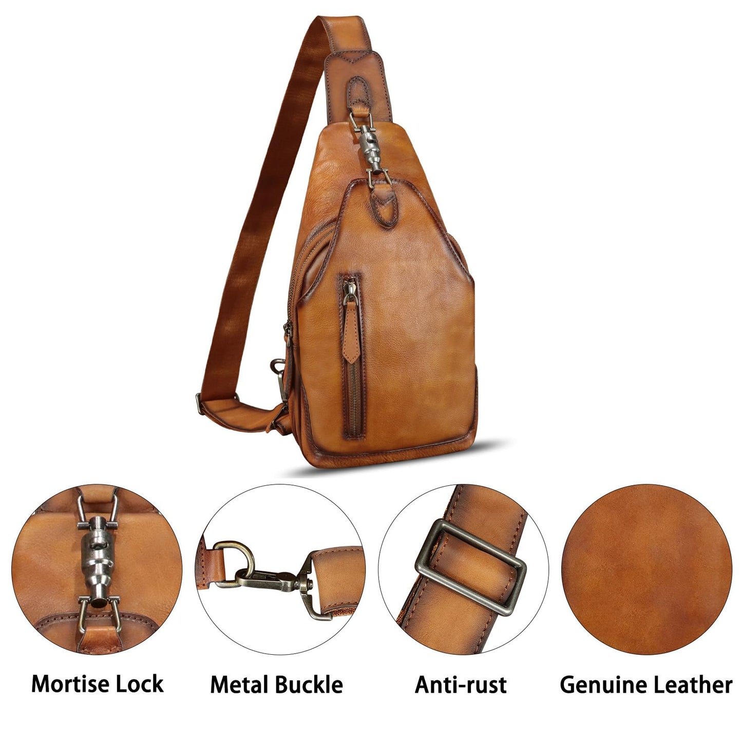 FEIGITOR Genuine Leather Sling Bag Retro Crossbody Sling Backpack Handmade Chest Shoulder Bag Daypack Purse Fanny Pack (Brown)