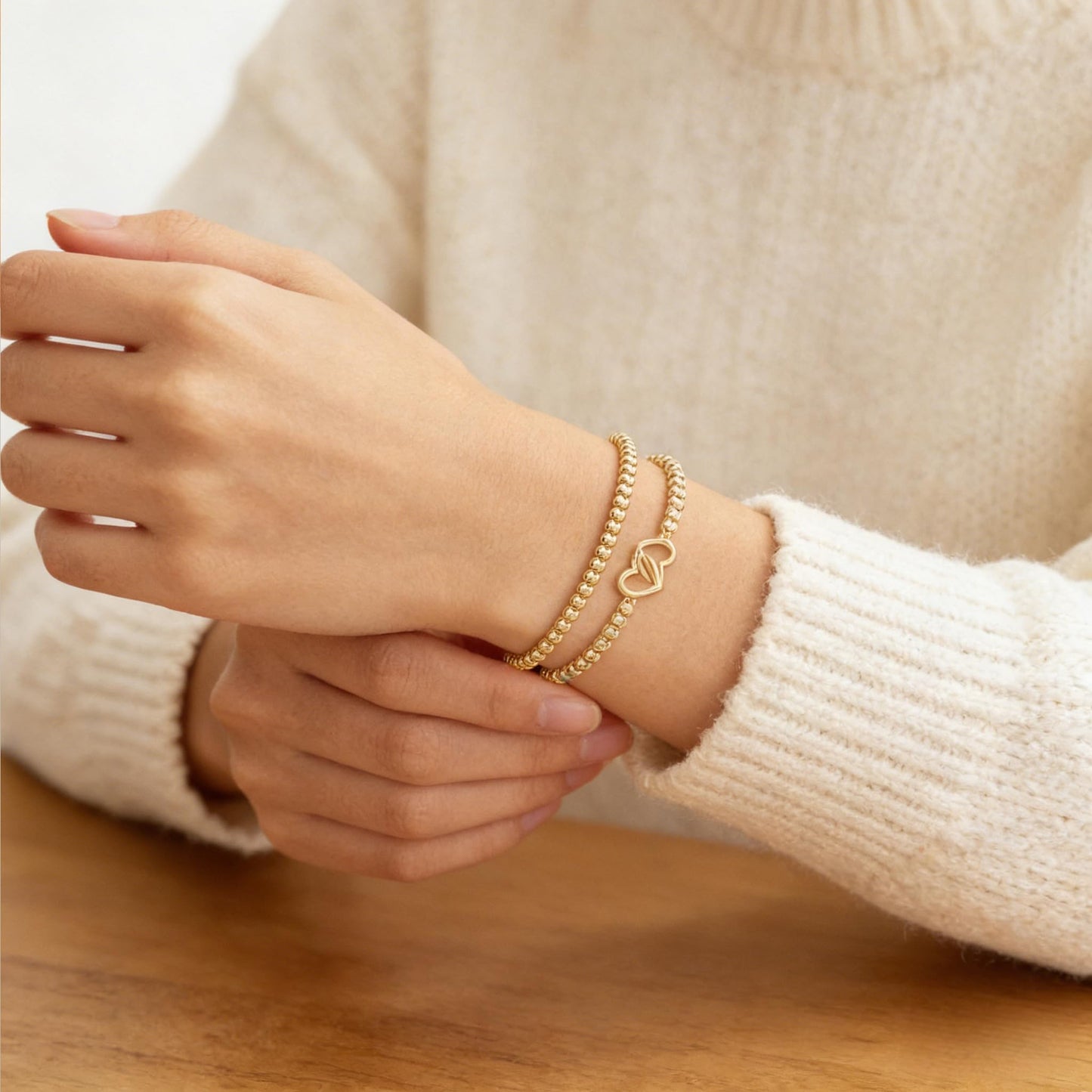 Jsuospmy Gold Beaded Bracelets for Women 14K Gold Double-heart Bracelet Handmade Stackable Bracelets for Women Trendy Non Tarnish Bracelet Jewelry Gift for Womens 2Pcs (03.Double-heart+Beaded (Gold))