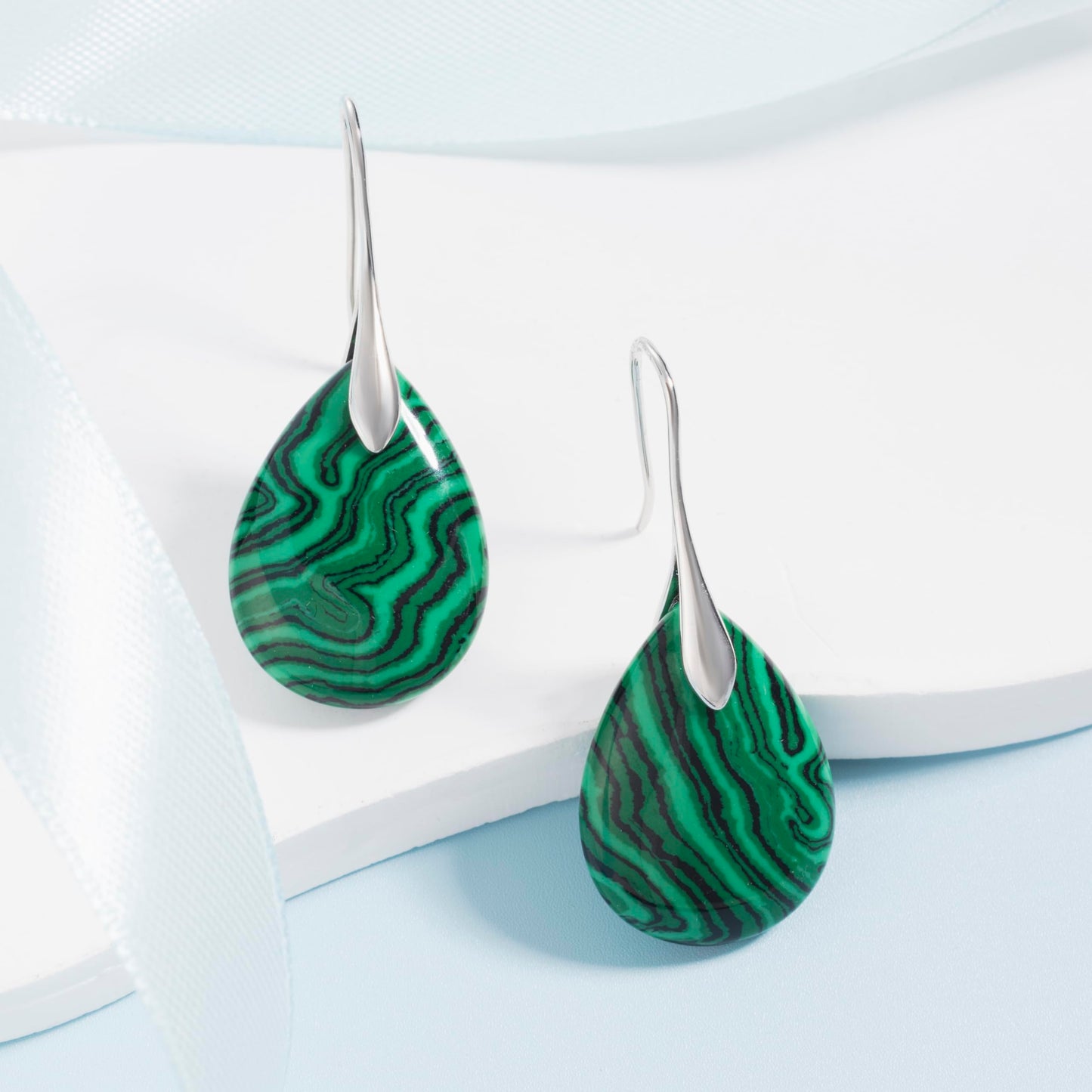 SELOVO Striped Green Stone Drop Earrings Silver Tone Fishhook Dangly Drop Earrings