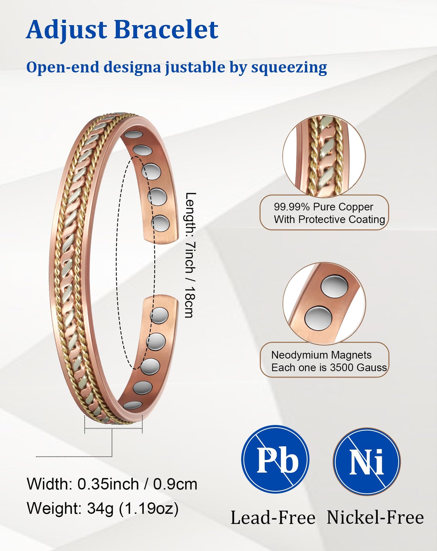 MagSølv Copper Magnetic Bracelets, 99% Pure Copper Bracelet for Men & Women with 3500 Gauss, Tricolor Gold Jewelry Gift