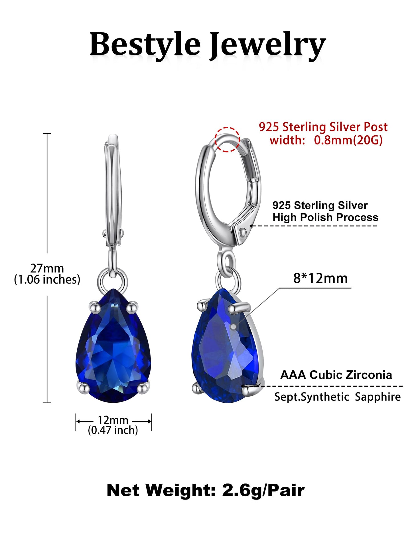 Bestyle 925 Sterling Silver September Birthstone Hoop Dangle Earrings - Clear Created Rectangle Sapphire Crystal Drop Blue Earrings - Trendy Cute Women's Small Hoop CZ Dangle Earrings