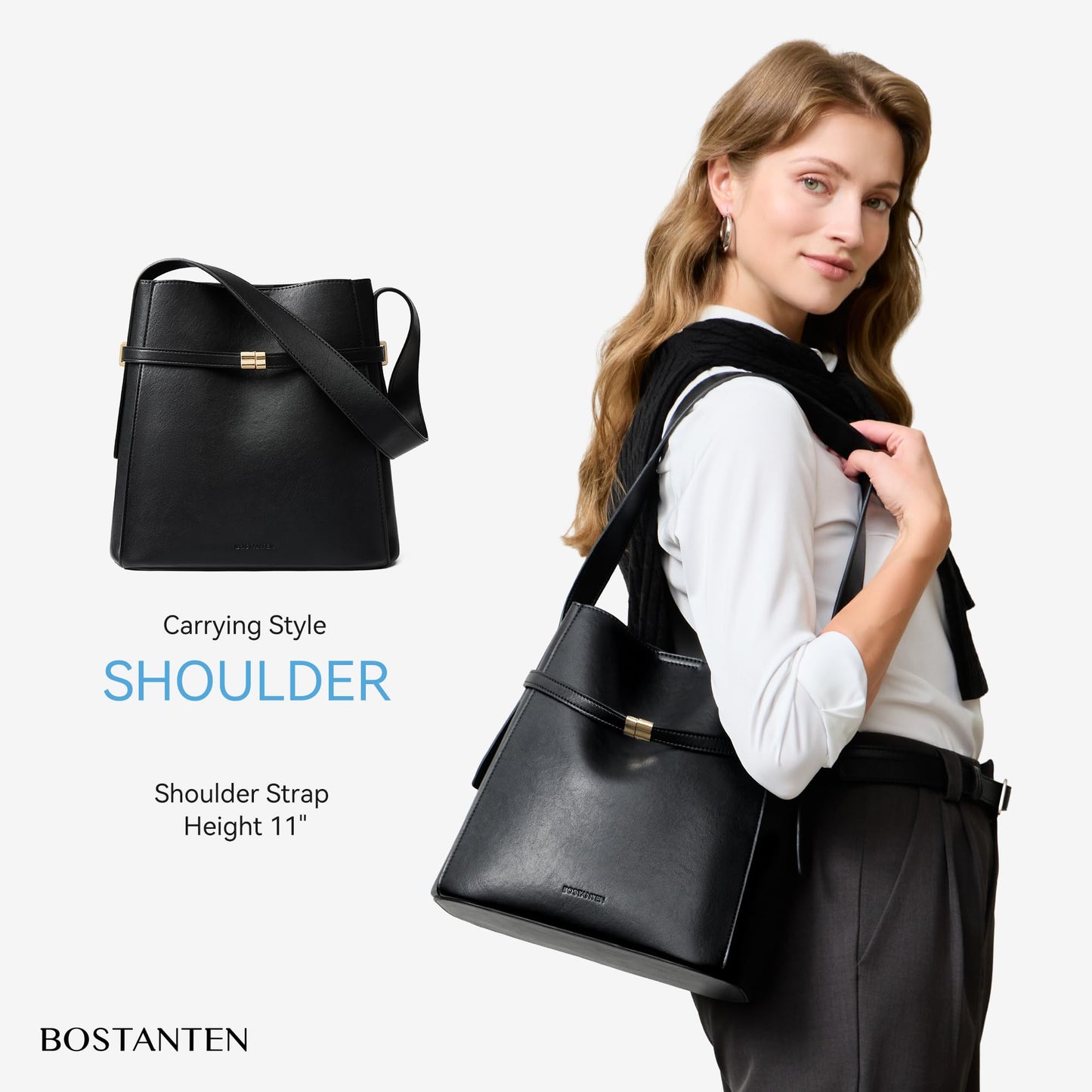 BOSTANTEN Bucket Bag Soft Vegan Leather Purses for Women Trendy Shoulder Handbags with Separate Pouch Black