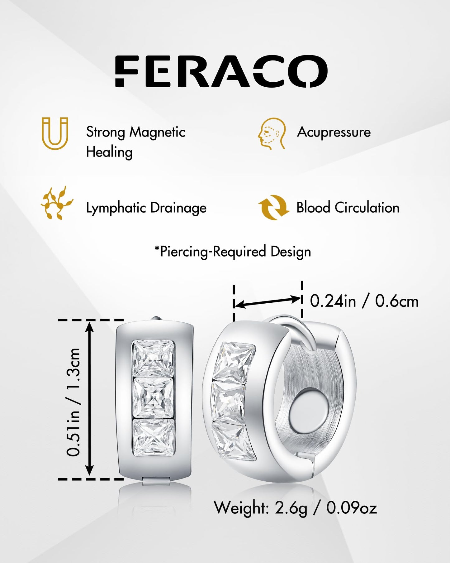 Feraco Magnetic Hoop Earrings for Women with 3500 Gauss Neodymium Magnet & Sparkling Cubic Zirconia, Stainless Steel Magnetic Therapy Jewelry, Ear Acupuncture