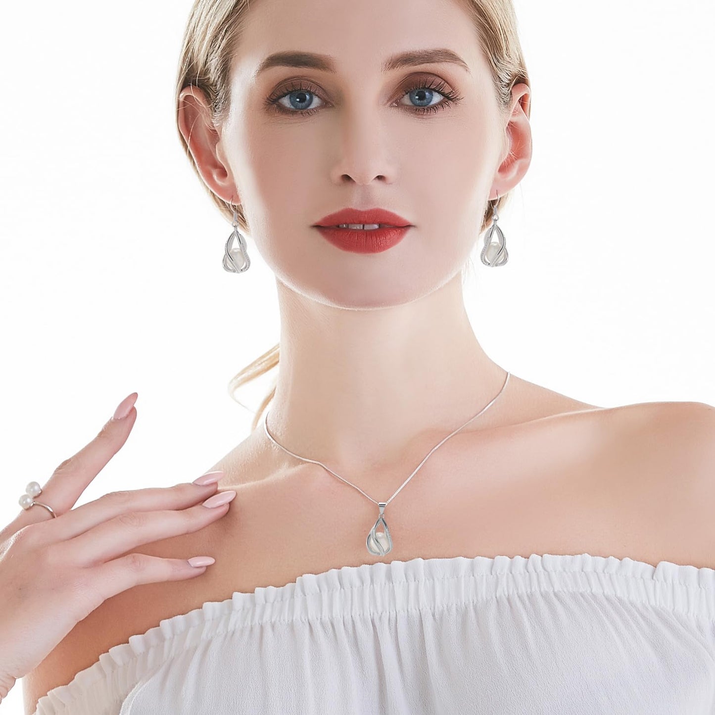 HENGSHENG Pearl Jewelry Set For Women S925 Sterling Silver Necklace & Earrings Set Freshwater Pearl Pendant Cage Set for Wedding Anniversary Prom Birthday Gift - Silvery White