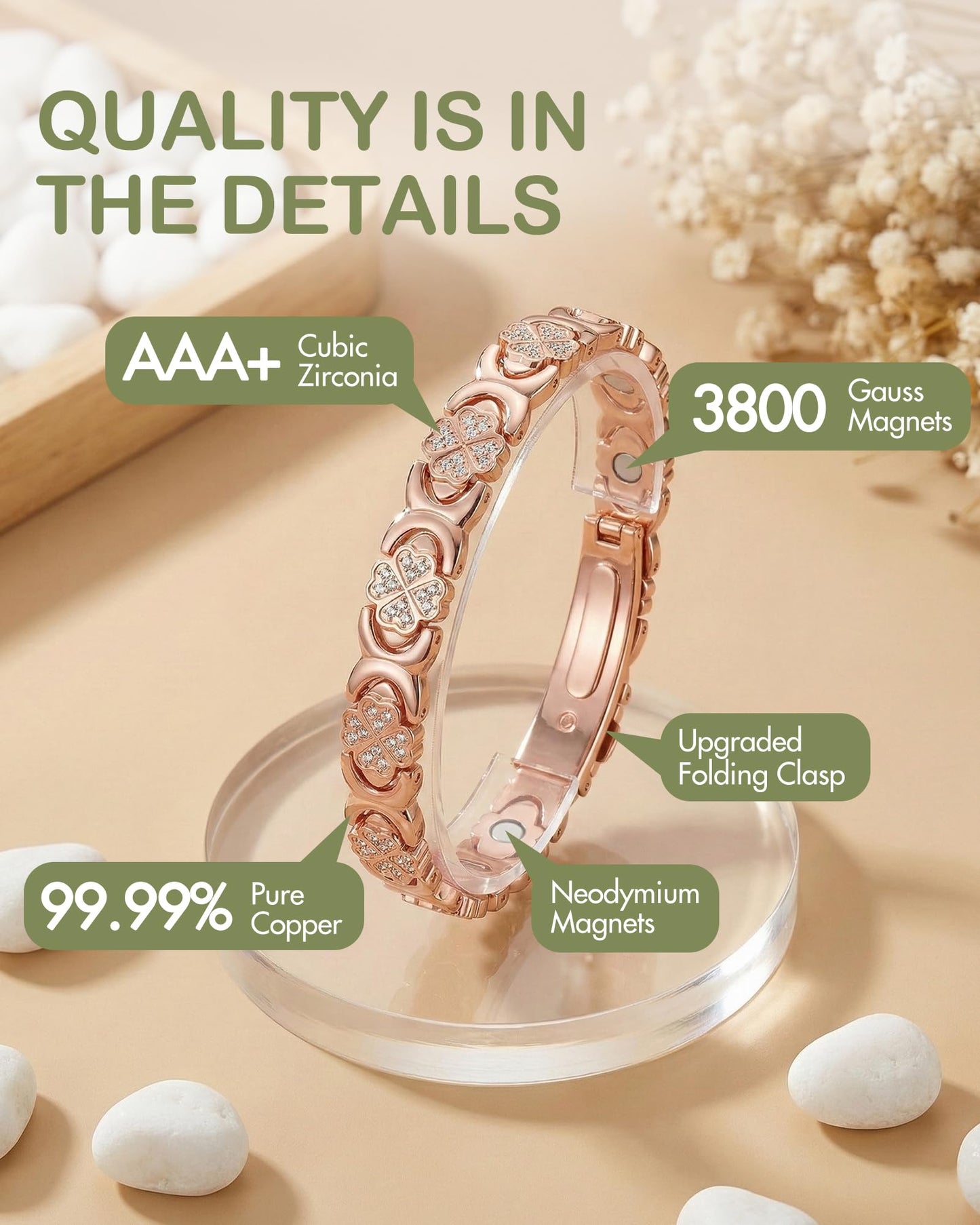 Feraco Pure Copper Bracelets for Women, Ultra Strength Magnetic Bracelet for Women with 3800 Gauss Magnet & Sparkling Cubic Zirconia, Copper Jewelry Gift, Infinite Clover (Rose Gold)