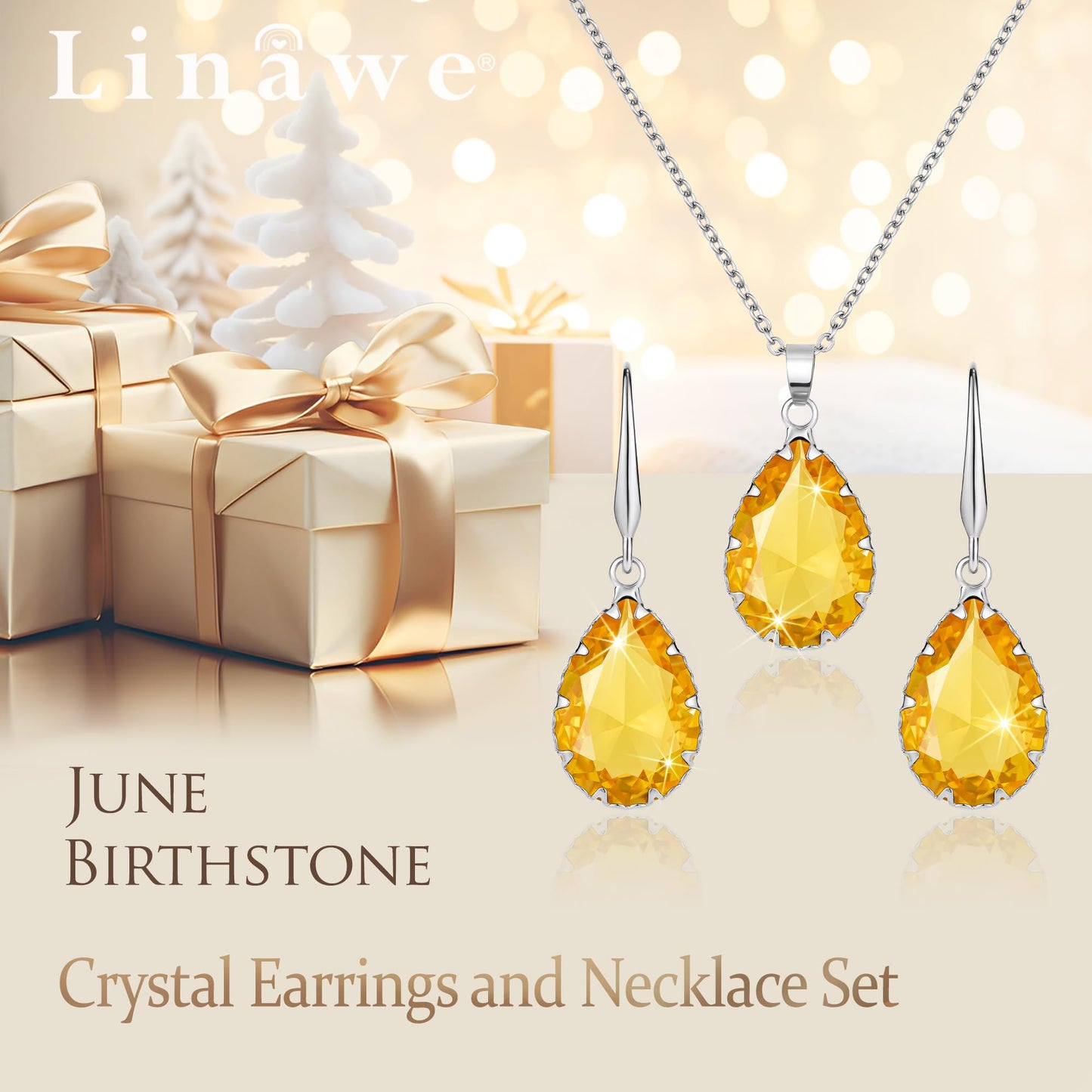 Linawe Yellow Jewelry Sets for Women, Silver Tear Drop Earring Set, Citrine Crystal Birthstone Imitation Diamond Pendant Necklace, Cubic Zirconia Rhinestone Costume Jewelry Set