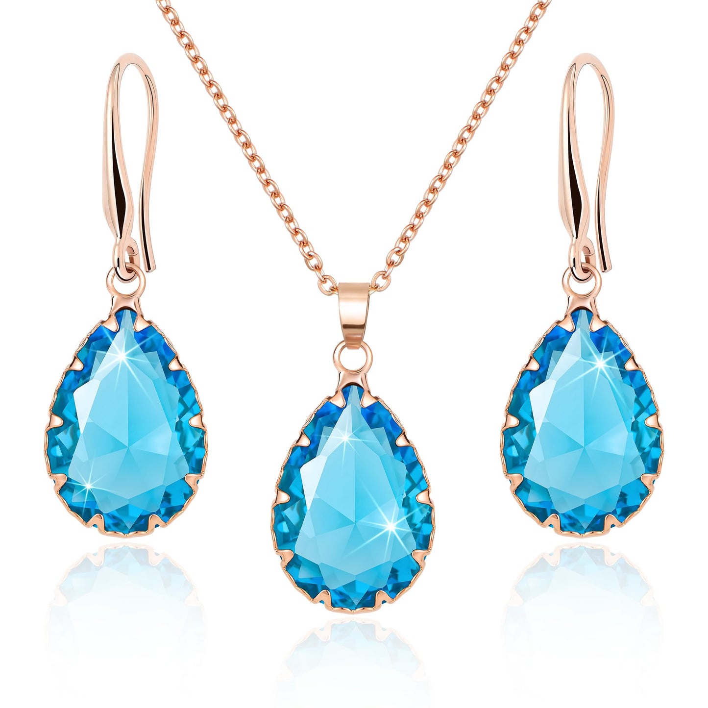 Linawe Lab Created Aquamarine Blue Jewelry Sets for Women, Rose Imitation Gold Plated Pendant Necklace and Earring Set, Fake Birthstone Crystal Imitation Diamond Necklace Set, Rhinestone Teardrop Jewelry Set